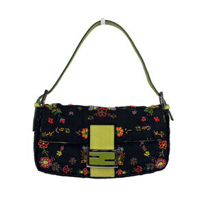 Fendi Vintage Black Knit Floral Beaded Embroidered Baguette w Green Lizard Trim